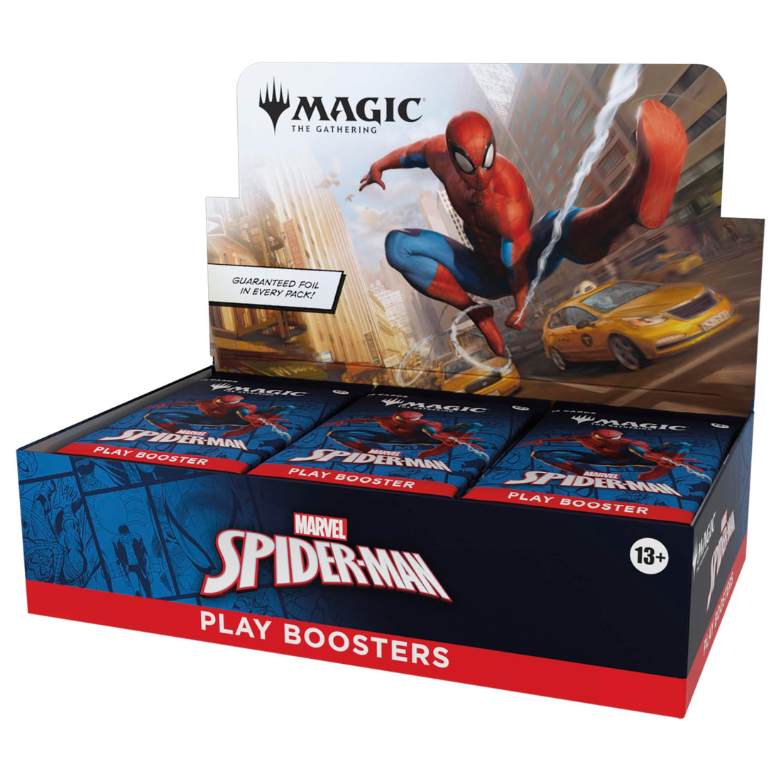 Magic the Gathering Spider-Man Play Boosters display box with Marvel branding and city background