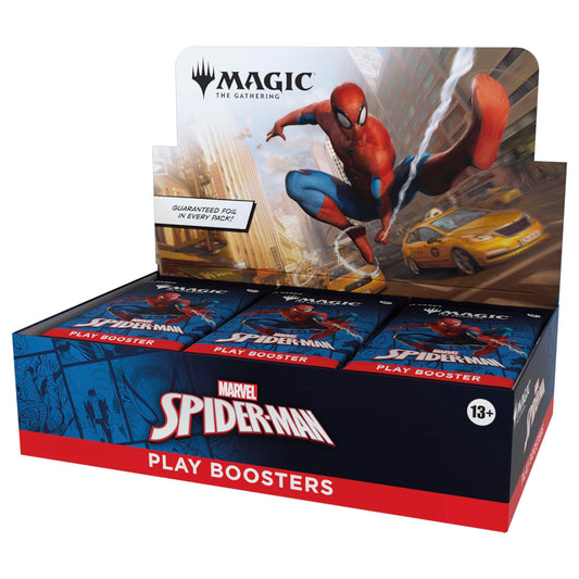 Magic the Gathering Spider-Man Play Boosters display box with Marvel branding and city background