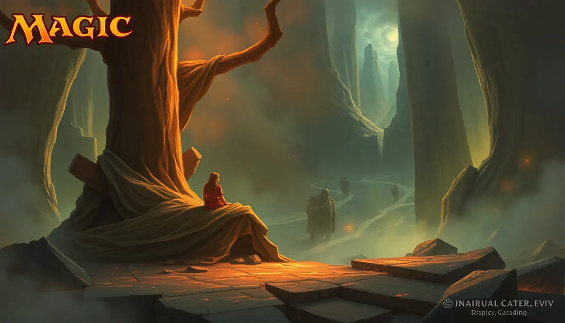 Magic the Gathering fantasy art, figure in red under ancient tree, misty canyon landscape